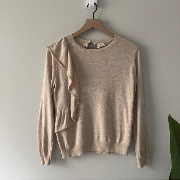 Anthropologie Moth Ruffle Beige tight Knit Sweater long sleeve crew neck keyhole - Picture 1 of 8